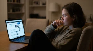 A close-up of a person sitting in a dimly lit room, looking thoughtfully at a glowing laptop screen displaying a news